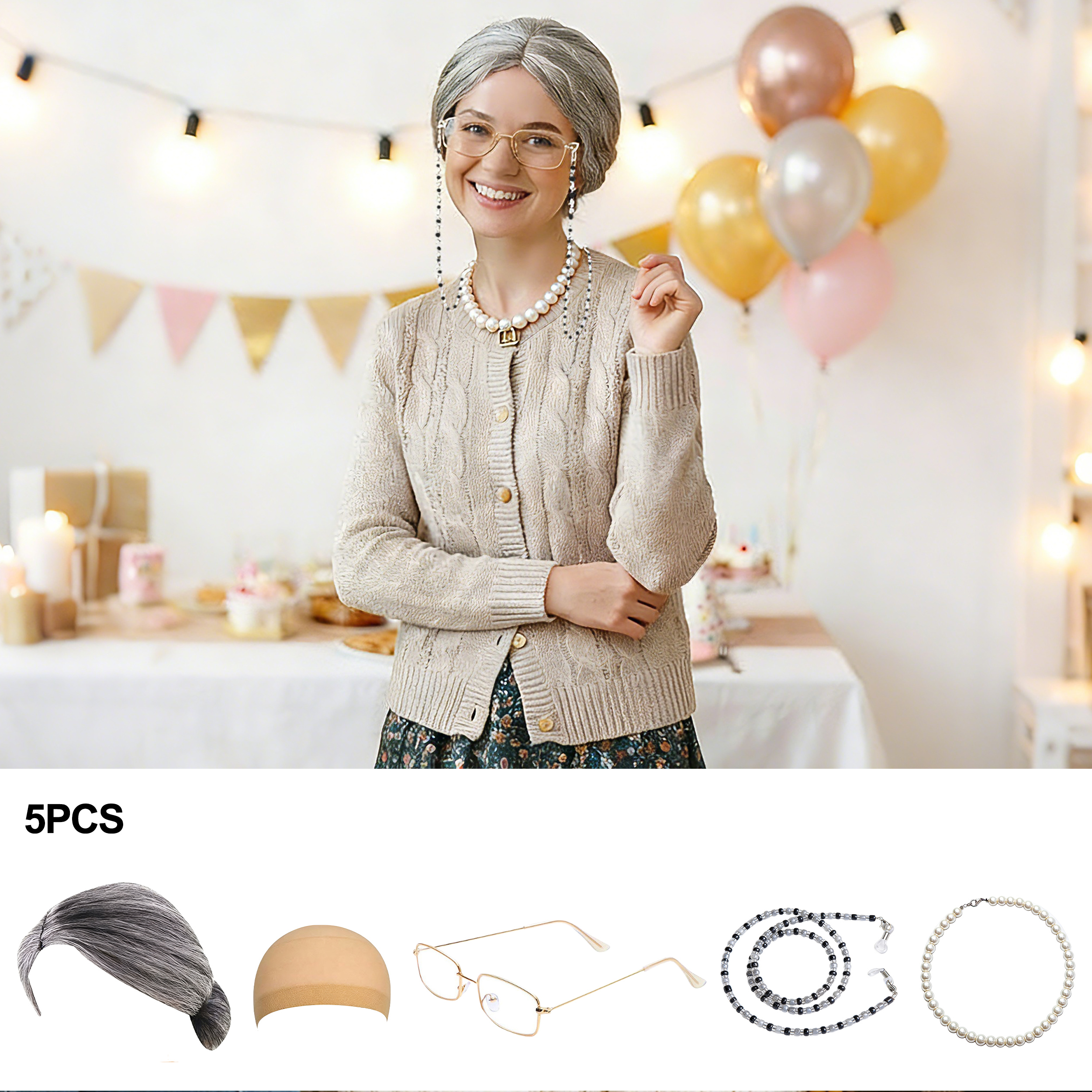 Pearl Trim Chain - 5Pcs Old Lady Costume Set Grandmother