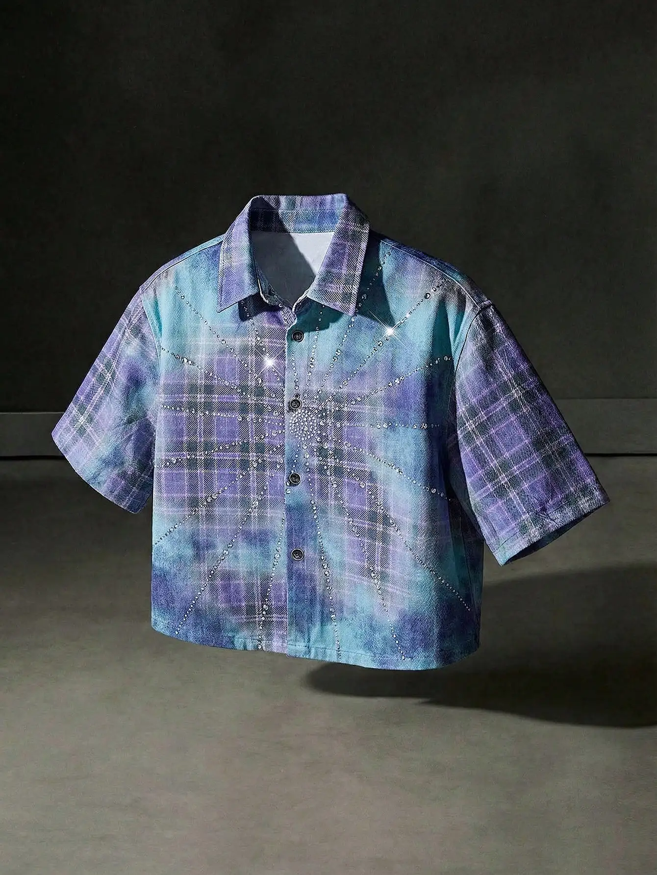 Embellish Knit - Mens Plaid Denim Shirt With Rhinestone