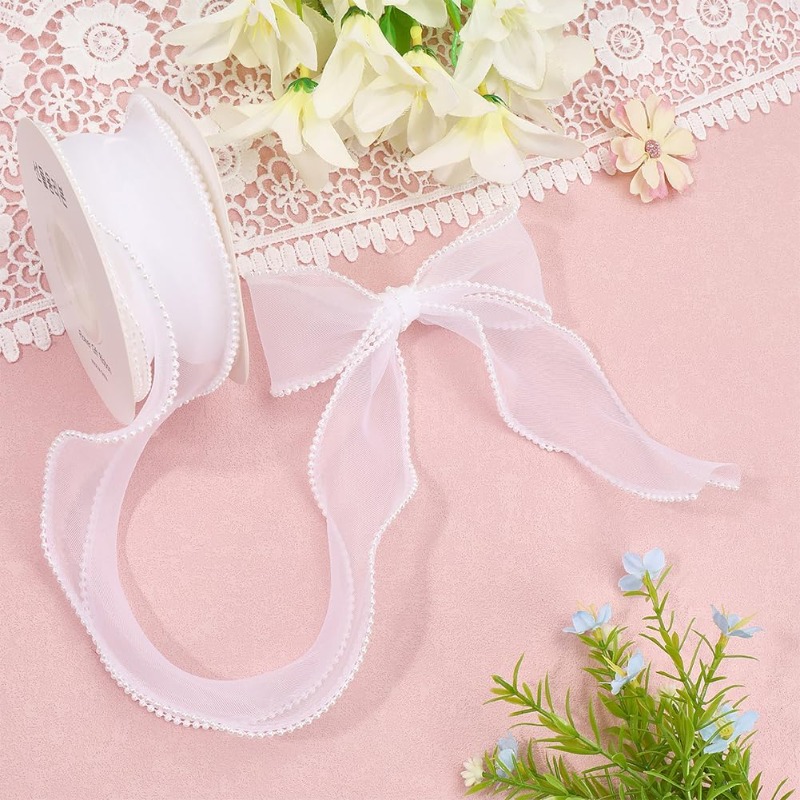 5 Yards White Faux Pearl Edge  - مراجعة Organza Ribbon Spool وسعره
