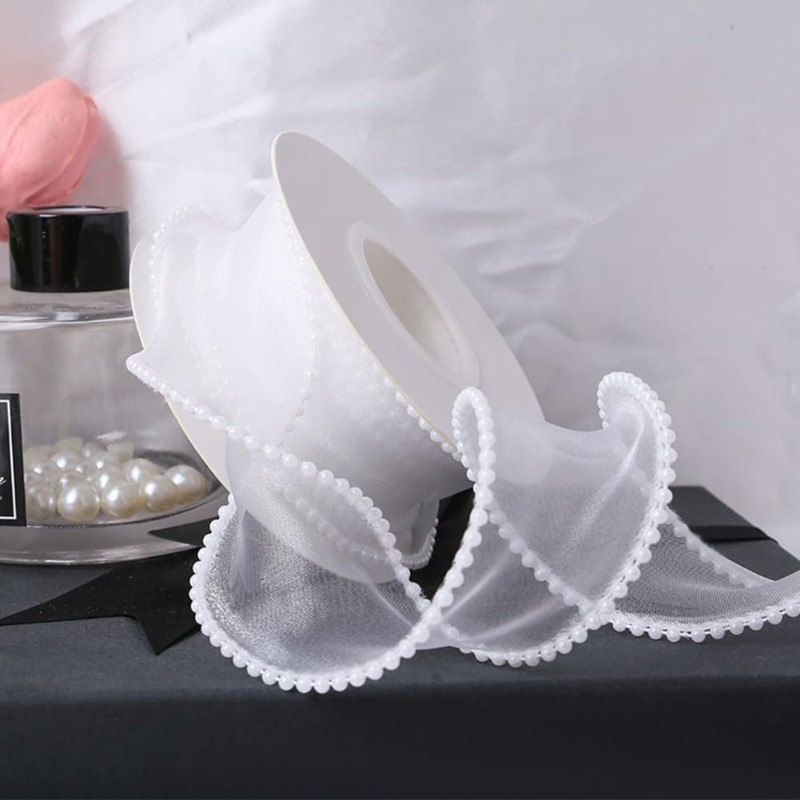 5 Yards White Faux Pearl Edge  - مراجعة Organza Ribbon Spool وسعره